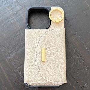 Luxury Beige Leather Wallet Phone 16 Pro Case with Gold Ring